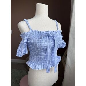 B Haute by L. Bartlett Blue Striped Smocked Off Shoulder Top Size S Cottagecore